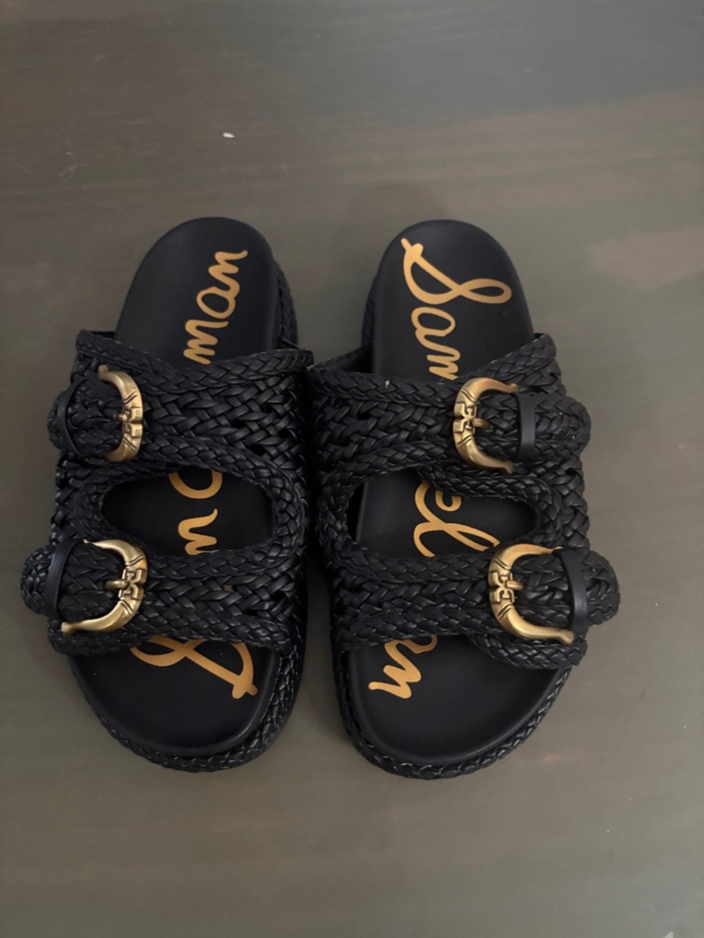 Sam Edelman Black Braided Slide Sandals with Gold Buckles